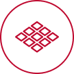 A red and white icon of an abstract design.